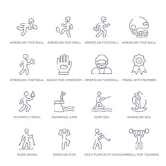 set of 16 thin linear icons such as dumbbell for training, golf player hitting, exercise gym, skier skiing, windsurf sea, surf sea, swimming jump from sports collection on white background, outline