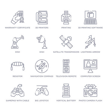 set of 16 thin linear icons such as photo camera flash, vertical battery with three bars, big joystick, gamepad with cable, computer screen linux, television remote control, navigation compass from