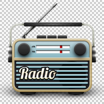 Vintage portable radio receiver, vector illustration on transparent background