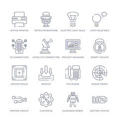 set of 16 thin linear icons such as battery status, humanoid robot, customize, printed circuit connections, radar sweep, fax phone, receive from technology collection on white background, outline