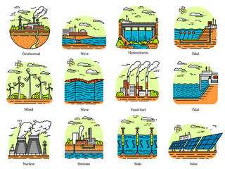 Power plants icons. Set of industrial buildings. Nuclear Factories, Chemical Geothermal, Solar Wind Tidal Wave Hydroelectric, Fossil fuel, Osmotic generating energy. Ecological sources of electricity.
