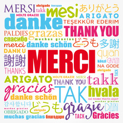 Merci (Thank You in French) word cloud in different languages