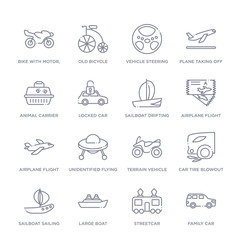 set of 16 thin linear icons such as family car, streetcar, large boat, sailboat sailing, car tire blowout, terrain vehicle, unidentified flying from transport collection on white background, outline