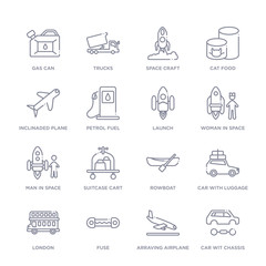 set of 16 thin linear icons such as car wit chassis, arraving airplane, fuse, london, car with luggage, rowboat, suitcase cart from transport collection on white background, outline sign icons or