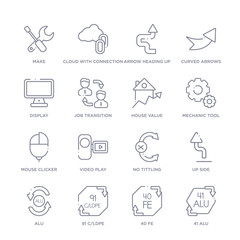 set of 16 thin linear icons such as 41 alu, 40 fe, 91 c/ldpe, alu, up side, no tittling, video play from user interface collection on white background, outline sign icons or symbols