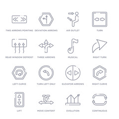 set of 16 thin linear icons such as continuous, evolution, move content, lift, right curve, elevator arrows, turn left only from user interface collection on white background, outline sign icons or