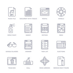 set of 16 thin linear icons such as remove right frame, move arrows, hall, trash bin, elections, task list, answer from user interface collection on white background, outline sign icons or symbols