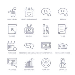 set of 16 thin linear icons such as jamaican, turn off, information, tracking, newspaper folded, news reporters, recording conversation from user interface collection on white background, outline