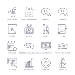 Fototapeta premium set of 16 thin linear icons such as jamaican, turn off, information, tracking, newspaper folded, news reporters, recording conversation from user interface collection on white background, outline