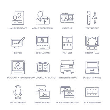 set of 16 thin linear icons such as film strip with a triangle inside, image with shadow interface, image variant, mic interface, screen in white, printer printing squares, book opened at center