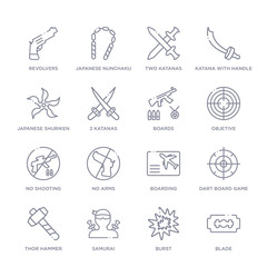 set of 16 thin linear icons such as blade, burst, samurai, thor hammer, dart board game, boarding, no arms from weapons collection on white background, outline sign icons or symbols