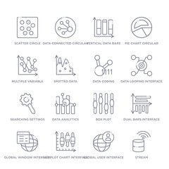 set of 16 thin linear icons such as stream, global user interface, box plot chart interface, global window interface, dual bars box plot, data analytics from user interface collection on white