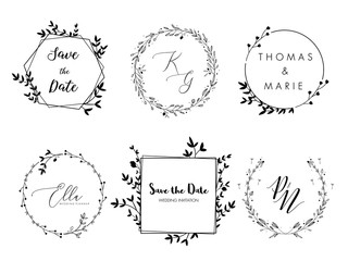 Wedding invitation floral wreath minimal design. Vector template with flourishes ornament elements.