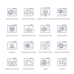 set of 16 thin linear icons such as sliders, news, download file, circular glasses, world wide web on grid, multitasking man, cobweb and spider from web collection on white background, outline sign