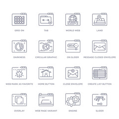set of 16 thin linear icons such as slider, engine, web page variant, overlay, create list button, close envelope, home button from web collection on white background, outline sign icons or symbols