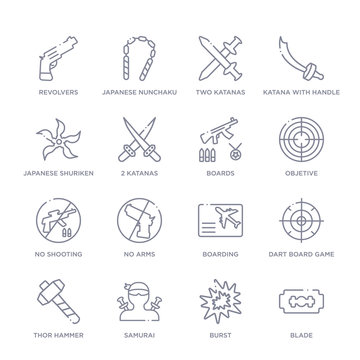 set of 16 thin linear icons such as blade, burst, samurai, thor hammer, dart board game, boarding, no arms from weapons collection on white background, outline sign icons or symbols