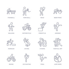 set of 16 thin linear icons such as jump rope, yoga, ice skating, biking, martial art, vitamin, diving from activity and hobbies collection on white background, outline sign icons or symbols