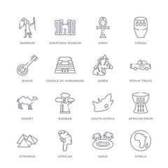 set of 16 thin linear icons such as africa, oasis, african, pyramids, african drum, south africa, baobab from africa collection on white background, outline sign icons or symbols