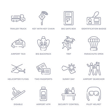 set of 16 thin linear icons such as pilot helmet, security control, airport atm, disable, airport searchor, sunny day, two passports from airport terminal collection on white background, outline