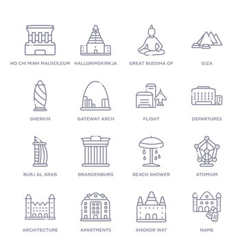set of 16 thin linear icons such as name, angkor wat, apartments, architecture, atomium, beach shower, brandenburg from architecture and travel collection on white background, outline sign icons or