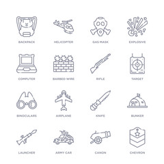 set of 16 thin linear icons such as chevron, canon, army car, launcher, bunker, knife, airplane from army and war collection on white background, outline sign icons or symbols