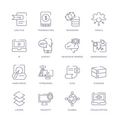 set of 16 thin linear icons such as visualization, global, velocity, layers, storage, xlsx, streaming from artifical intelligence collection on white background, outline sign icons or symbols