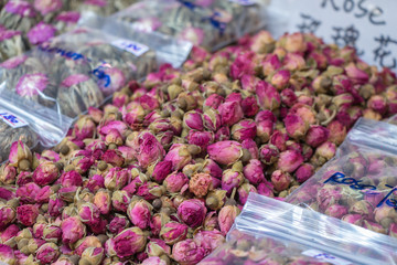 Piles of dried  rose flower tea on sale in market.Yaowarat,Thailand culture market.