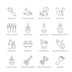 set of 16 thin linear icons such as one foot, eyelashes curler, open hair scissors, candle light, nail polish removal, mortar bowl, soap bar from beauty collection on white background, outline sign