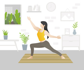 Young beautiful woman character doing yoga. Young woman in yoga posture and mediating. Girl performing aerobics exercise and morning meditation at home. Home exercises concept. Vector illustration
