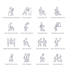 Fototapeta premium set of 16 thin linear icons such as man welding, old man walking, two friends, man sitting with headache, taking a selfie, two men meeting, vacuum from behavior collection on white background,