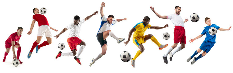 Fototapeta na wymiar Professional football soccer players with ball isolated on white studio background. Collage with fit male models. Attack, defense, fight. Group of men with sport equipment.