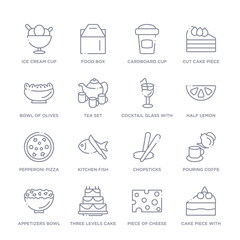 set of 16 thin linear icons such as cake piece with cream, piece of cheese, three levels cake, appetizers bowl, pouring coffe, chopsticks, kitchen fish from bistro and restaurant collection on white
