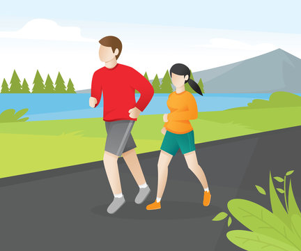Young couple running around in the park. Running men and women sports background, Jogging people. People running in landscape mountain scenic. Jogging and running illustration - Vector
