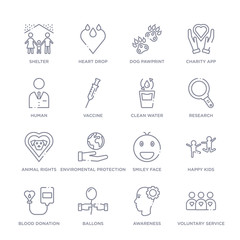 set of 16 thin linear icons such as voluntary service, awareness, ballons, blood donation, happy kids, smiley face, enviromental protection from charity collection on white background, outline sign