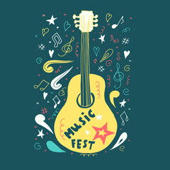 Acoustic guitar in hand drawn style. Vector illustration for music festival, T-shirt, clothes.
