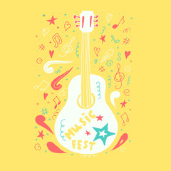 Acoustic guitar in hand drawn style. Vector illustration for music festival, T-shirt, clothes.