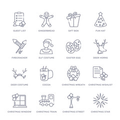 set of 16 thin linear icons such as christmas star, christmas street light, christmas train, window, wishlist, wreath, cocoa from collection on white background, outline sign icons or symbols