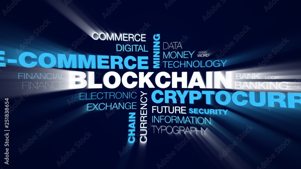 Poster blockchain cryptocurrency e-commerce mining bitcoin block economy ethereum business chain token anim