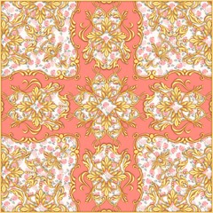 Square composition with golden scrolls and leaves. Design of kerchief with watercolor roses