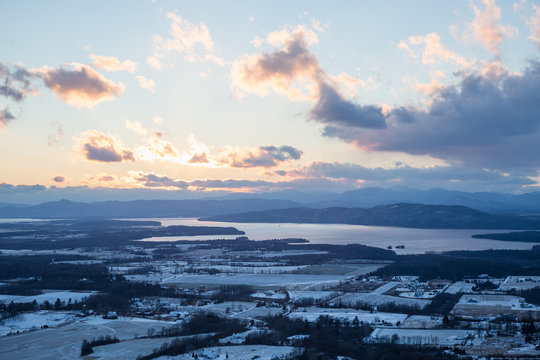 A view of Lake Champlain and the Adirondack Mountains from the summit of Mt. Philo, a mountain in Charlotte, Vermont.