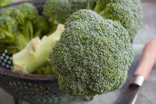 Raw broccoli in a colander.