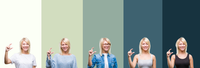 Collage of beautiful blonde woman over green vintage isolated background smiling and confident gesturing with hand doing size sign with fingers while looking and the camera. Measure concept.