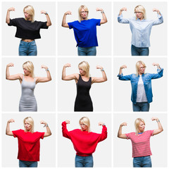 Collage of beautiful blonde woman wearing differents casual looks over isolated background showing arms muscles smiling proud. Fitness concept.