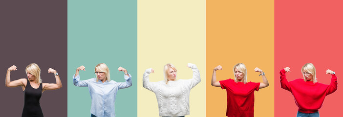 Collage of beautiful blonde woman over vintage isolated background showing arms muscles smiling proud. Fitness concept.