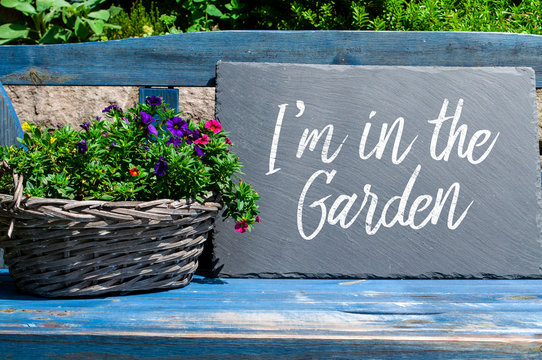 Chalkboard with plants and equipment with i am in the garden
