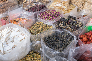Piles of dried flower tea on sale in market.Yaowarat,Thailand culture market.