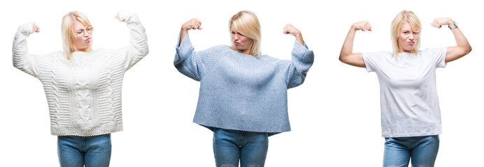 Collage of beautiful blonde woman wearing winter sweater over isolated background showing arms muscles smiling proud. Fitness concept.