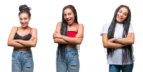 Collage of beautiful braided hair african american woman with birth mark over isolated background happy face smiling with crossed arms looking at the camera. Positive person.