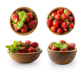 Bowls with strawberries isolated on white background. Ripe strawberries close-up. Sweet and juicy berry with copy space for text. Strawberries on white background. Various fresh summer berries.