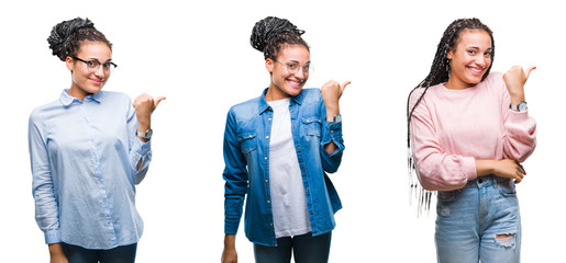 Collage of beautiful braided hair african american woman over isolated background smiling with happy face looking and pointing to the side with thumb up.